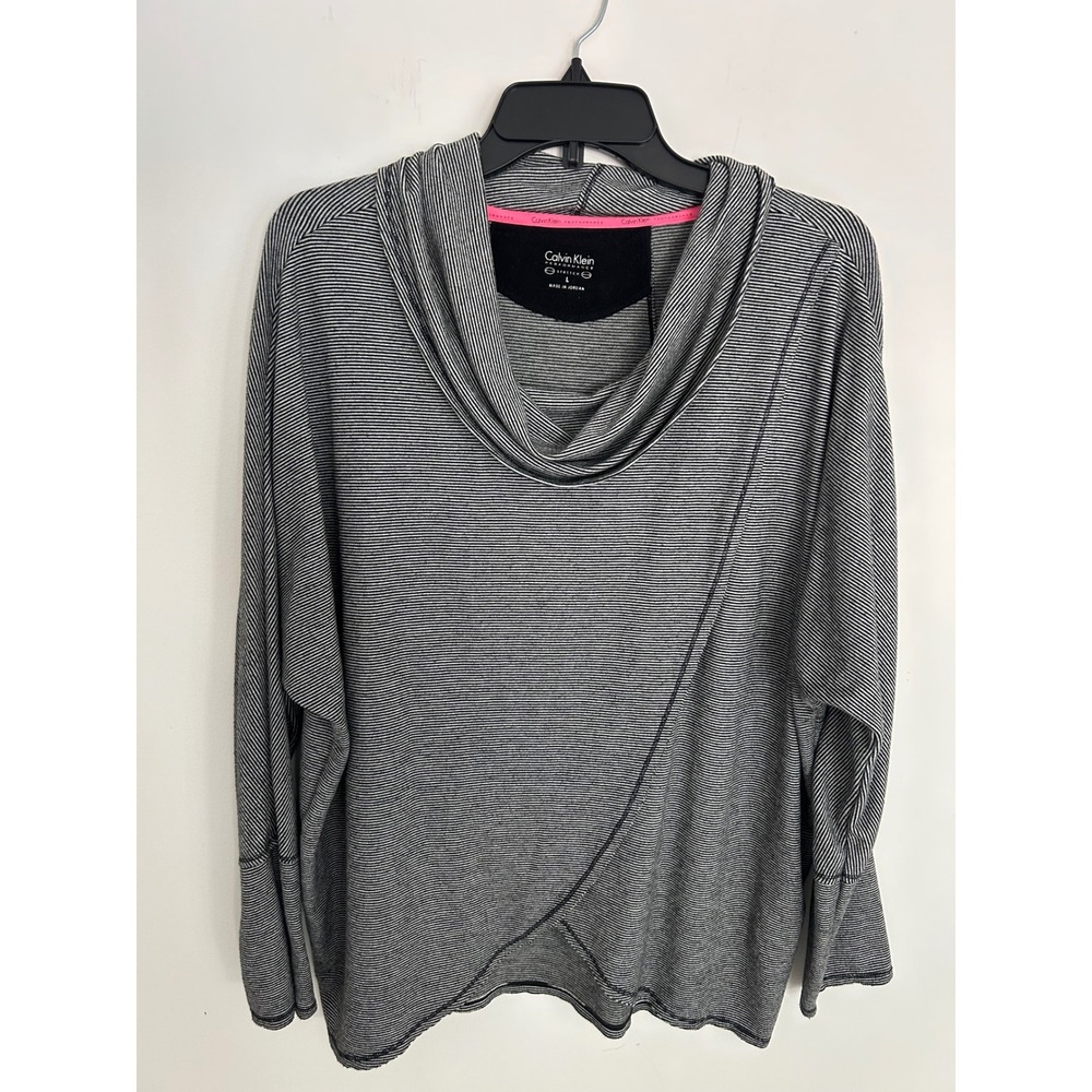 Calvin Klein Performance Women Cowl Neck Striped Crossover Hem Top Black White L